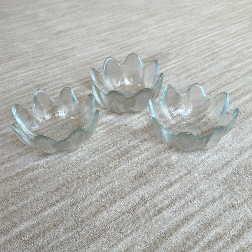 Set of 3 Vintage Blenko Clear Glass Lotus Bowls 8 Petal MCM 1960s